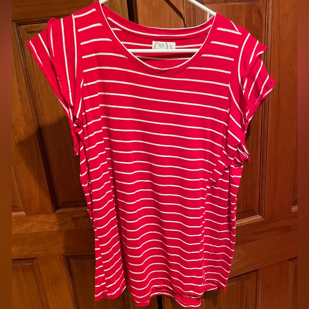 Ladies red and white striped shirt with ruffle sleeve